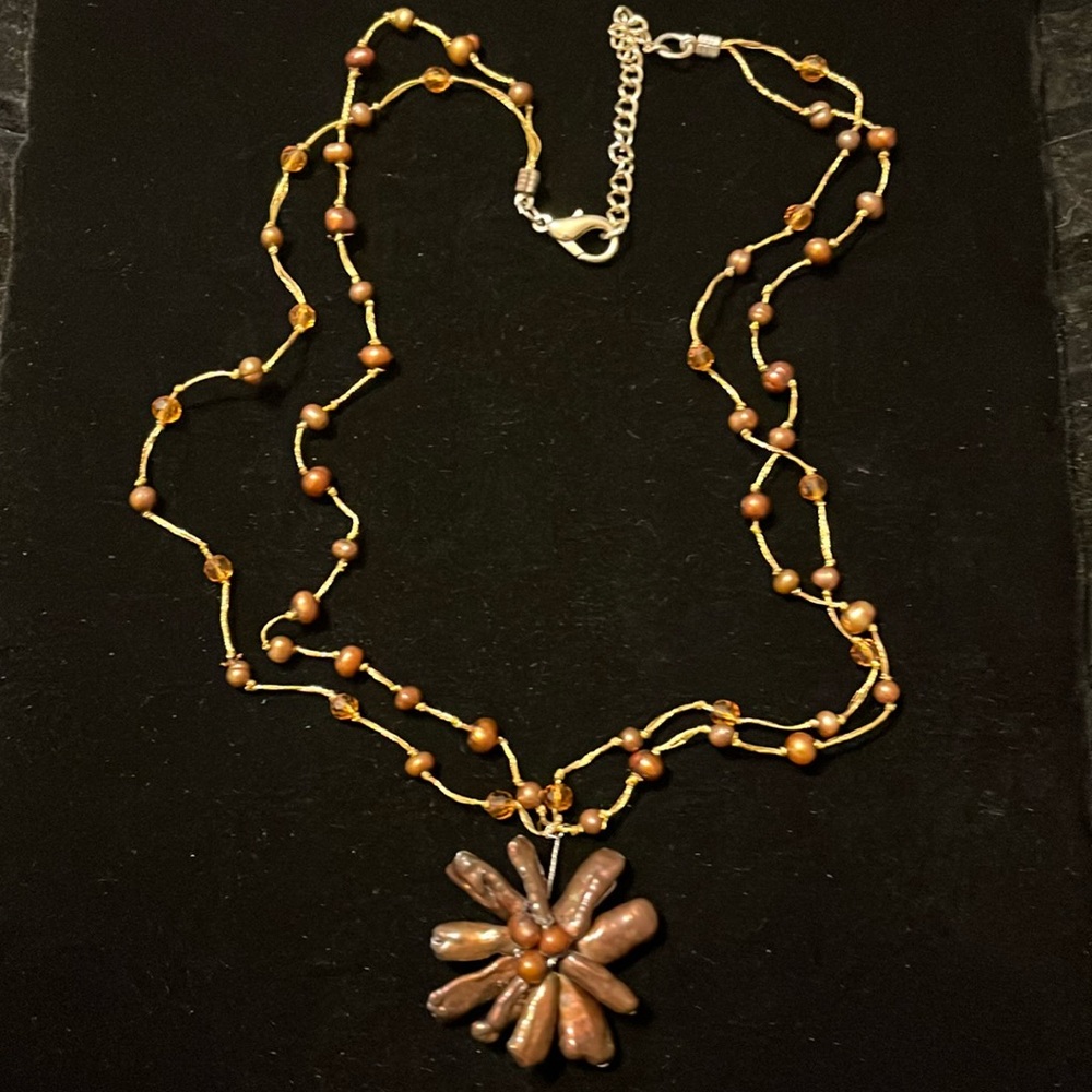 Brown Beaded Double Tied Knot Brown Flower Silver Chain Necklace